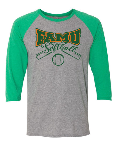 FAMU Softball Crossed Bats - Unisex Raglan Three Quarter Sleeve