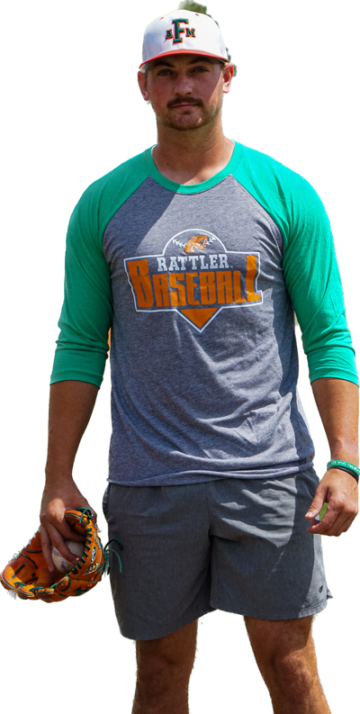 Rattler Baseball Unisex Raglan Three Quarter Sleeve T-Shirt